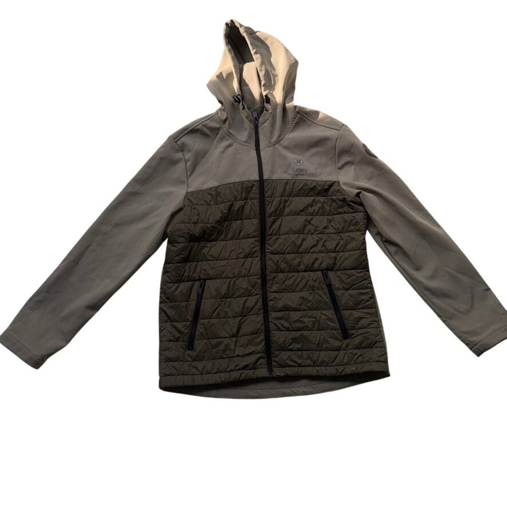 Hurley Hybrid Quilted Softshell Jacket Medium Mens Green Hooded Puffer